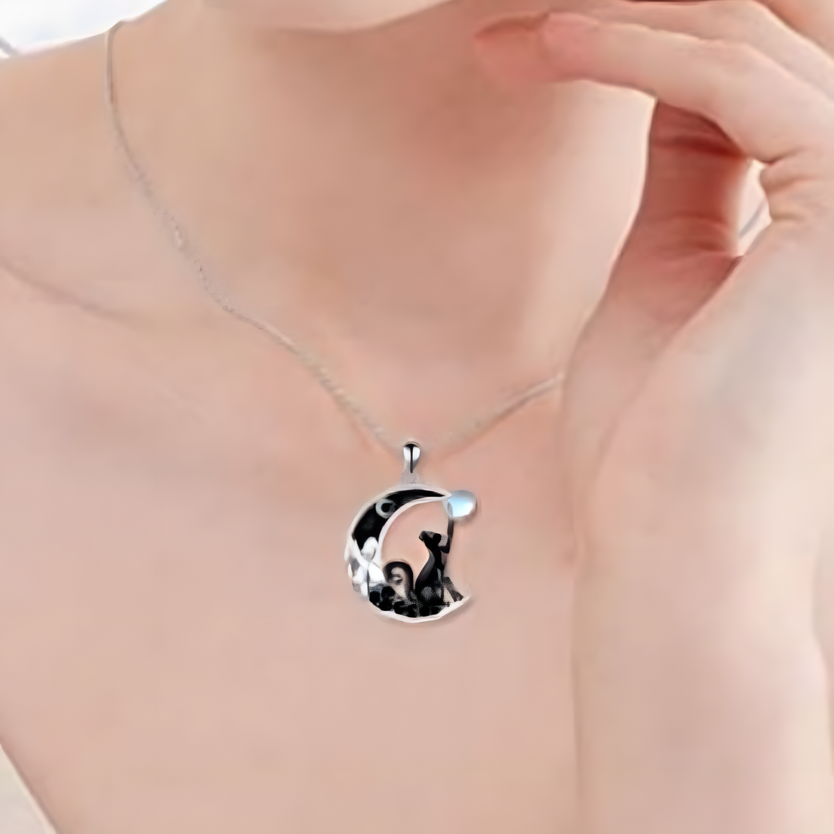 Black Cat Moon Pendant Necklace for Women – Zinc Geometric Crescent Moon 1240