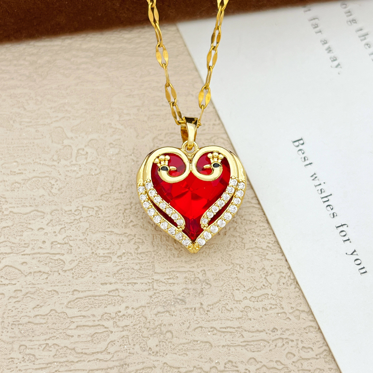 Womens Red Crystal Heart Pendant Necklace 18K Gold Inlaid Cubic Zirconia 1312