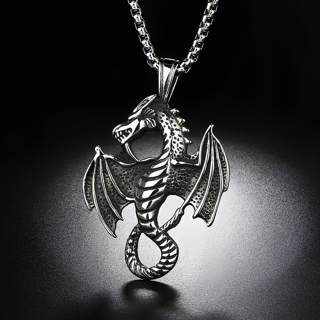 Winged Dragon Pendant Necklace, 60 cm Gothic Fantasy Chain Detailed 54 mm 1887