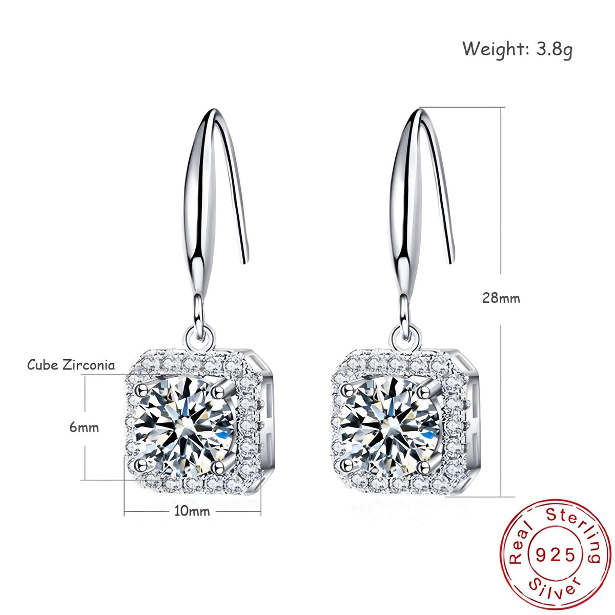 925 Sterling Silver Cubic Zirconia Halo Drop Earrings Square CZ Dangle 349