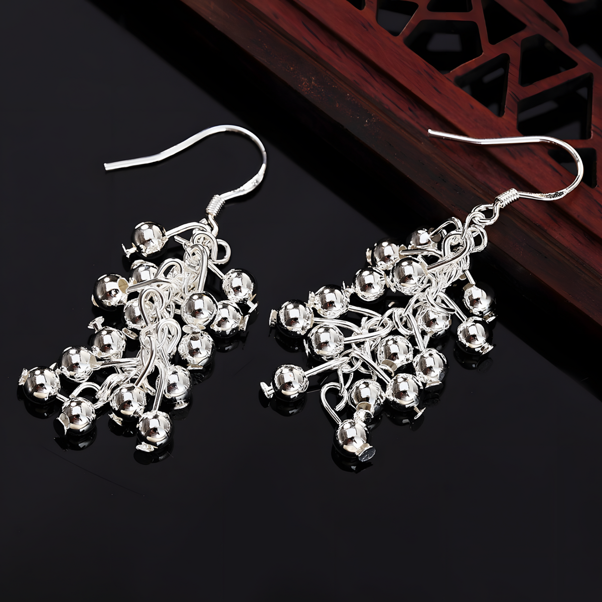 925 Silver-Plated Cluster Bead Drop Earrings for Women – Silver-Tone Copper 1194