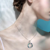 Dragonfly Necklace for Women Blue Crystal Round Pendant 39.2cm Chain 3.2cm B144