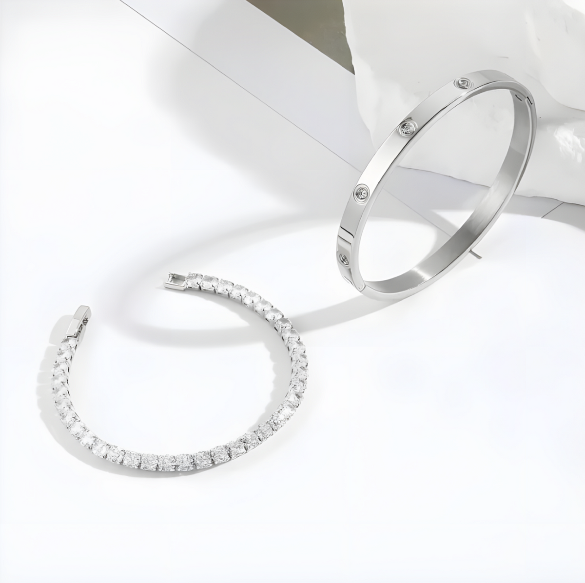 Unified Jewellery Silver-Tone Bracelet Set for Women | Tennis Chain & Bangle 442