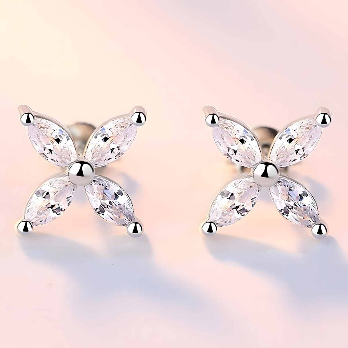 4-Petal Zircon Stud Earrings Women – 925 Silver-Plated Alloy Floral Design 1002