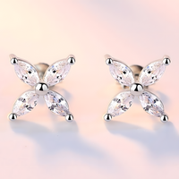4-Petal Zircon Stud Earrings Women – 925 Silver-Plated Alloy Floral Design 1002