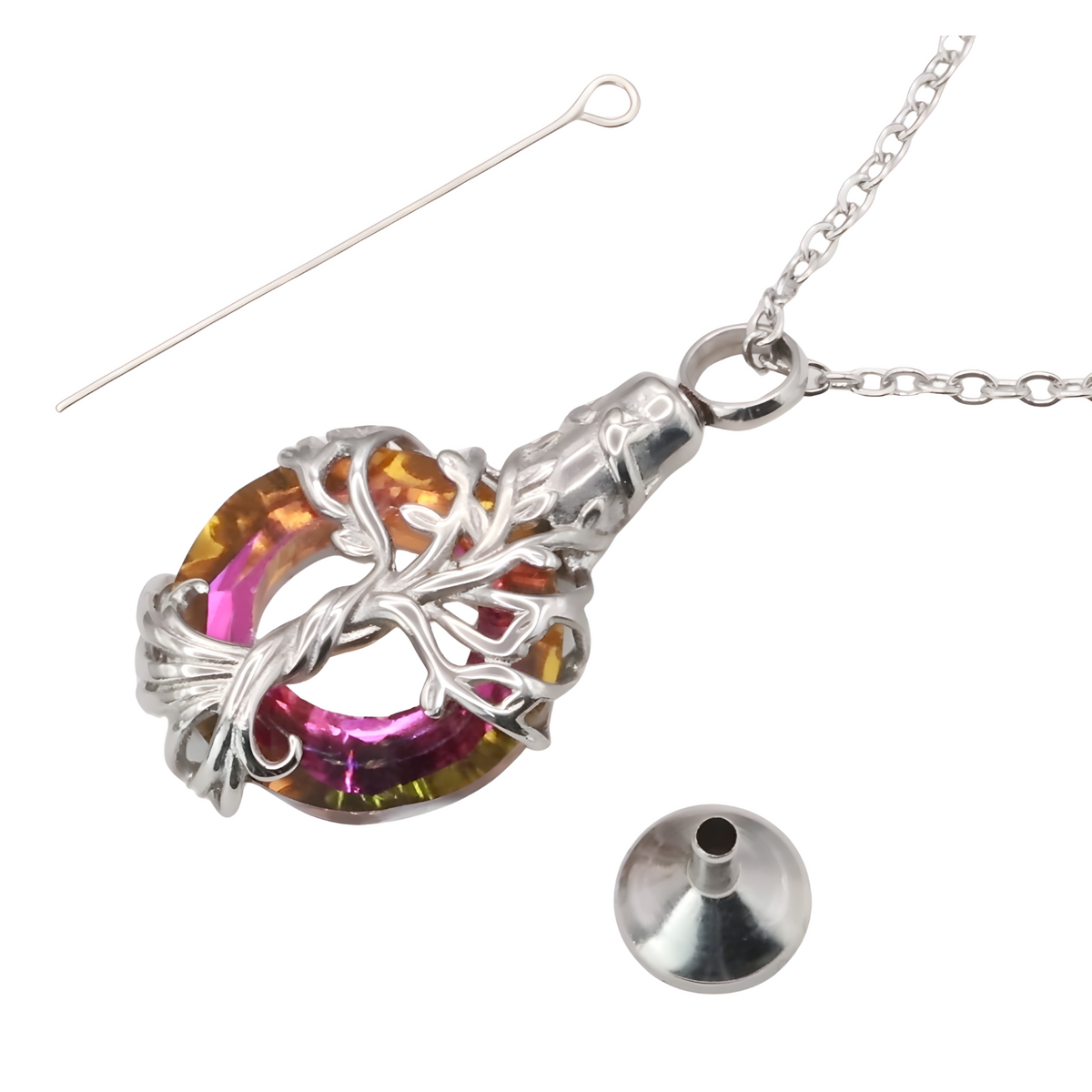 Tree of Life  Necklace with Multicolor Circle Crystal 316L Stainless Steel B220