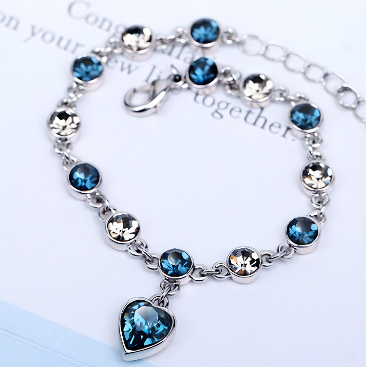 Womens Blue Crystal Heart Charm Bracelet Zinc Alloy Bracelet Cubic Zirconia 1158