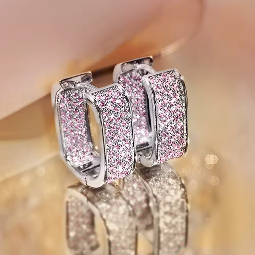 Pink Zircon Hoop Earrings For Women Micro Pave Round Cut Vintage Inspired 1368