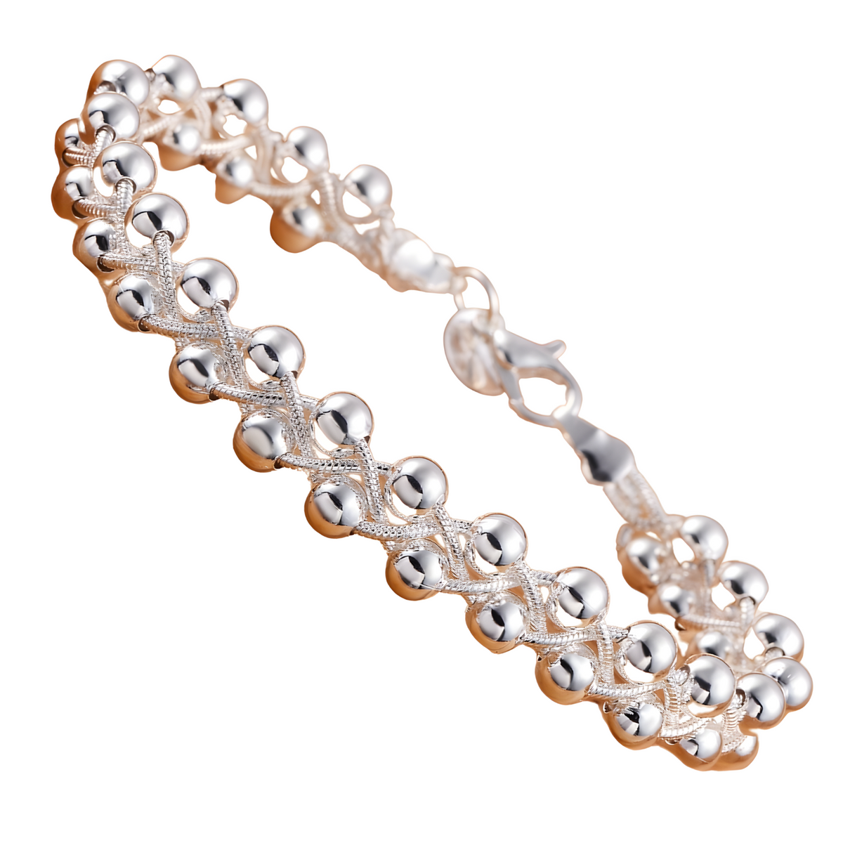 925 Silver-Plated Beaded Charm Bracelet for Women – Classic Interwoven Chain 910