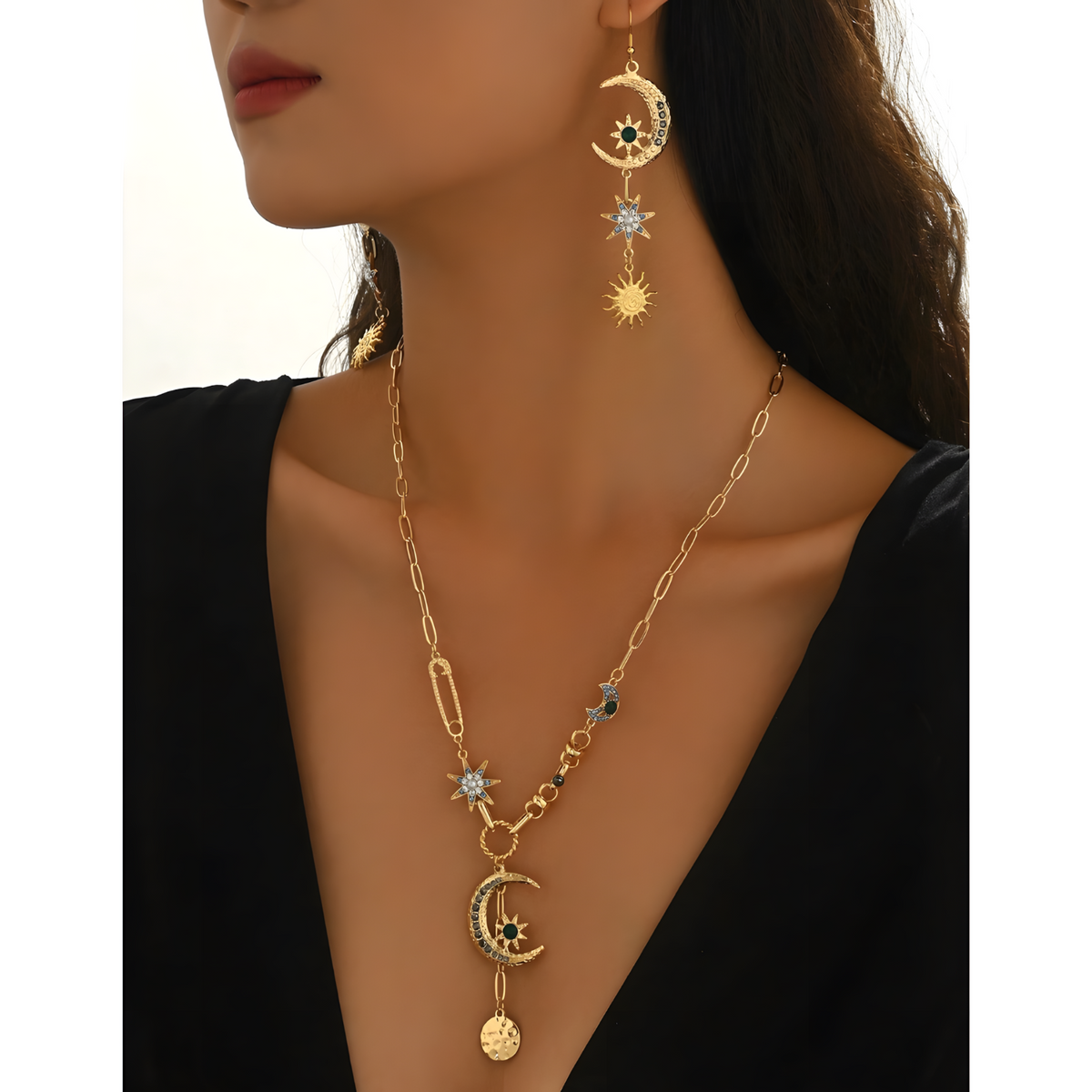 Gold Tone Celestial Moon Star Sun Necklace and Drop Earrings Set, Crescent 1722