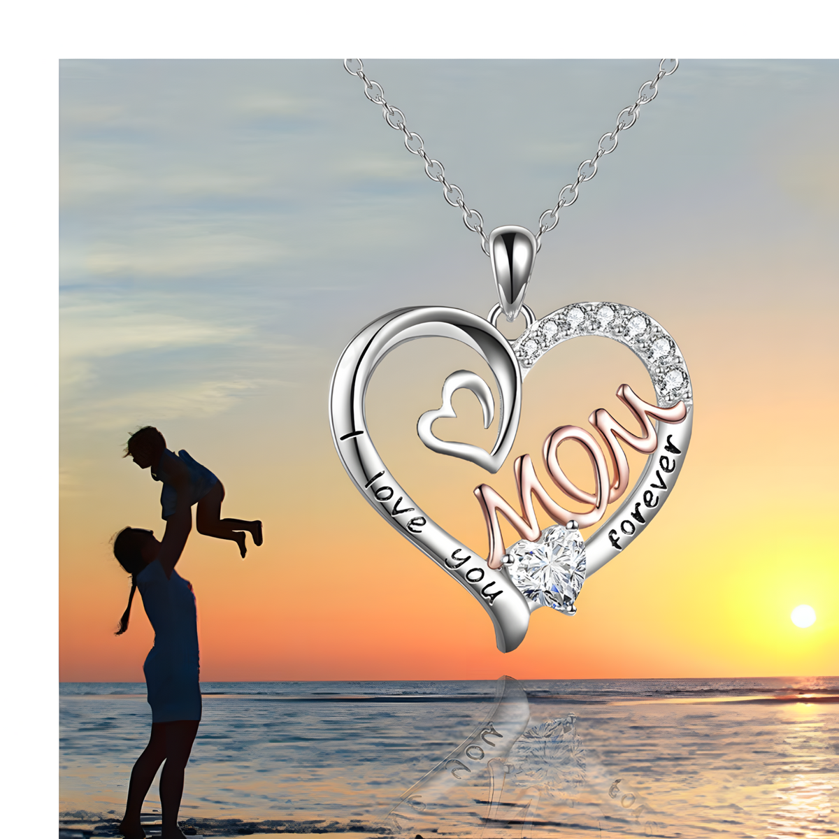 Mom Heart Pendant Necklace Women – Copper Alloy with Silver-Tone & RoseGold 1151