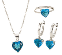 925 Sterling Silver Blue Heart Crystal Necklace Earrings Ring Set B31