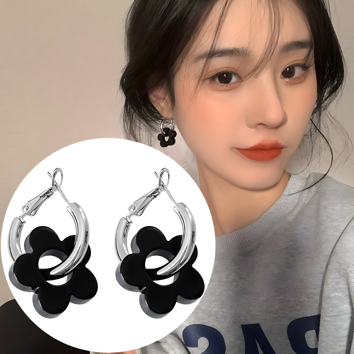 Zinc Alloy & Acrylic Flower Hoop Earrings Women – Trendy Black Retro Floral 990