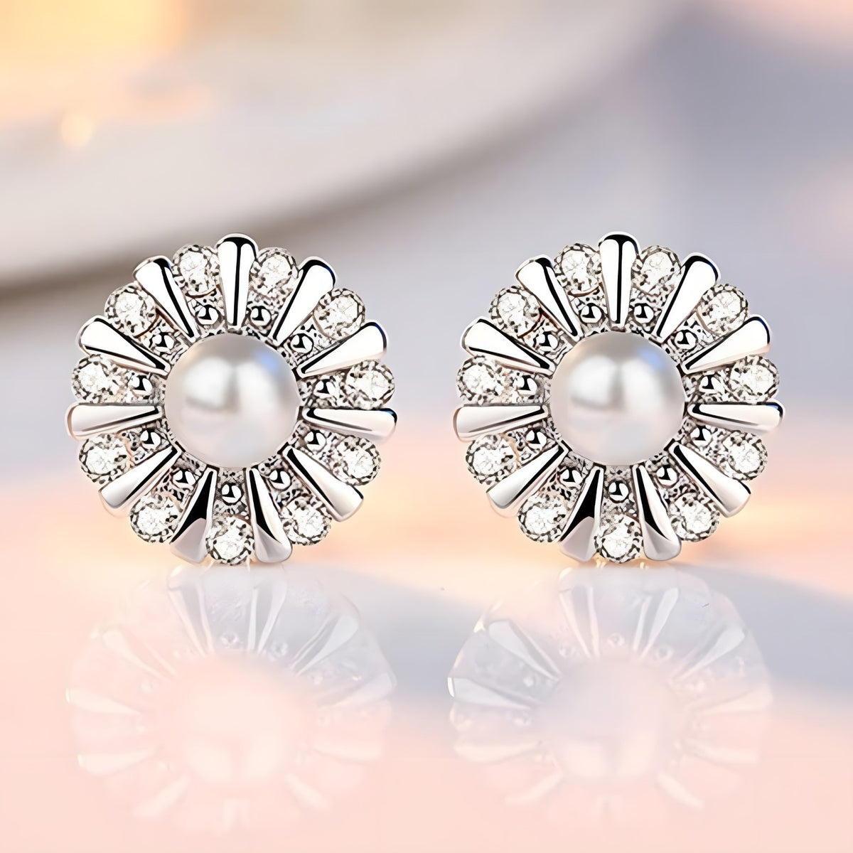 925 Sterling Silver Sunflower Stud Earrings Freshwater Pearl & Cubic Zircon 343
