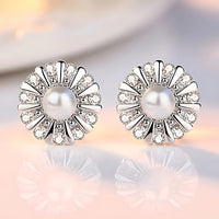 925 Sterling Silver Sunflower Stud Earrings Freshwater Pearl & Cubic Zircon 343