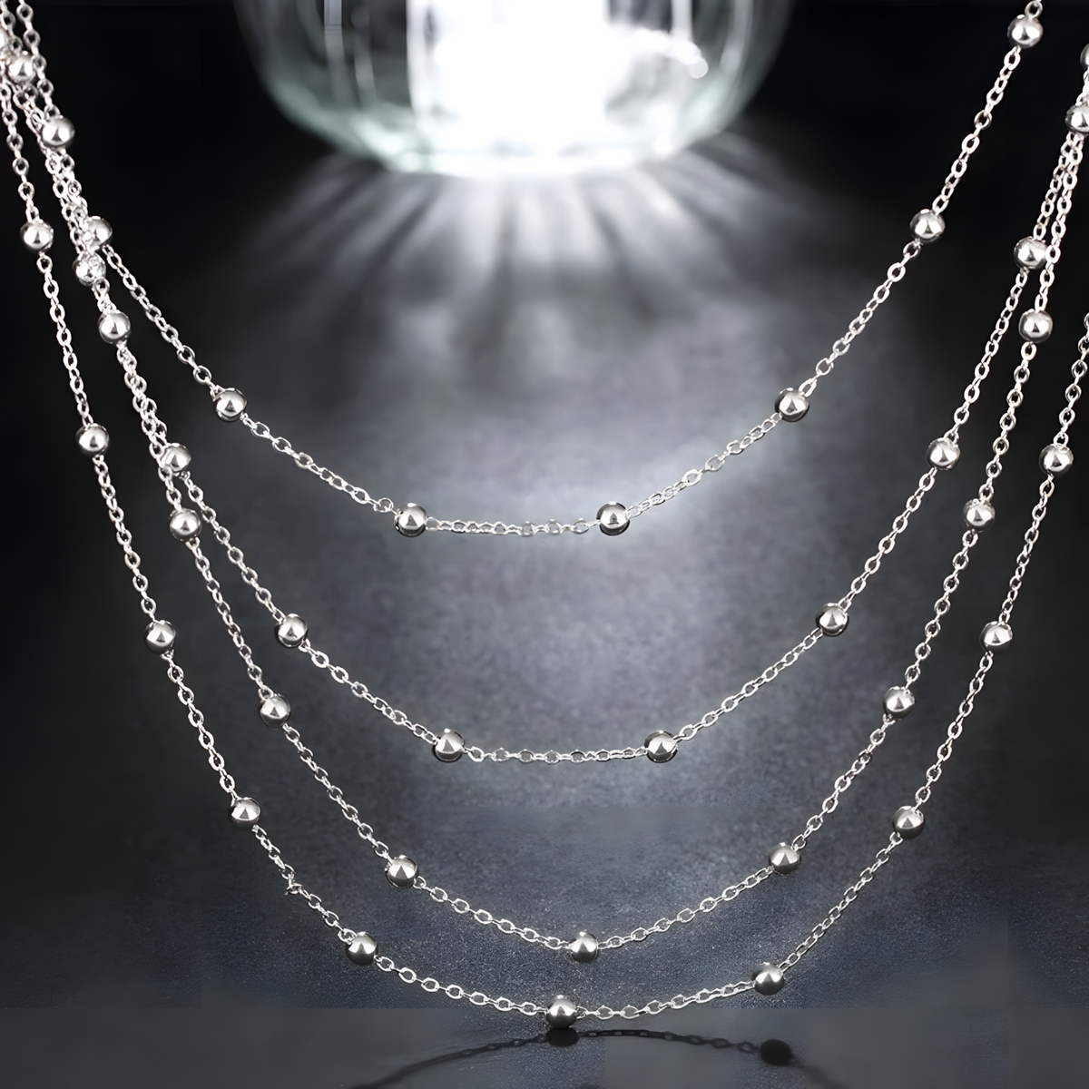 Silver Plated Multilayered Chain Necklace with Beaded Link Details for Women 425