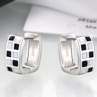 925 Silver-Plated Checkered Hoop Earrings for Women – Black & White Enamel 945