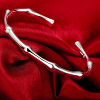 925 Silver Open Cuff Bangle Bracelet Adjustable Bamboo Style for Women 424
