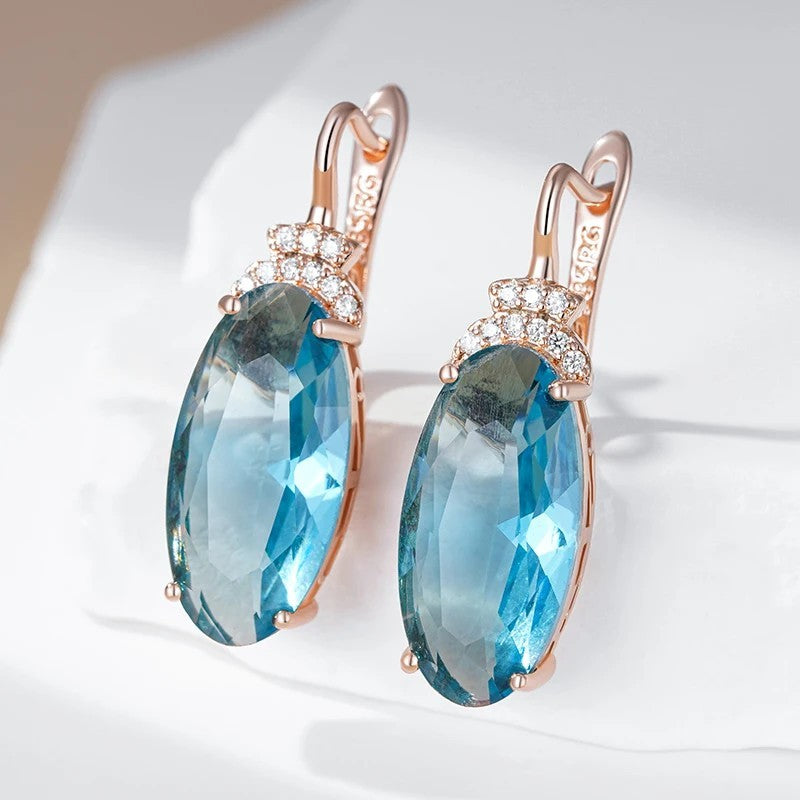 585 Rose Gold Blue Zircon Oval Drop Earrings for Women – Copper Alloy 1286