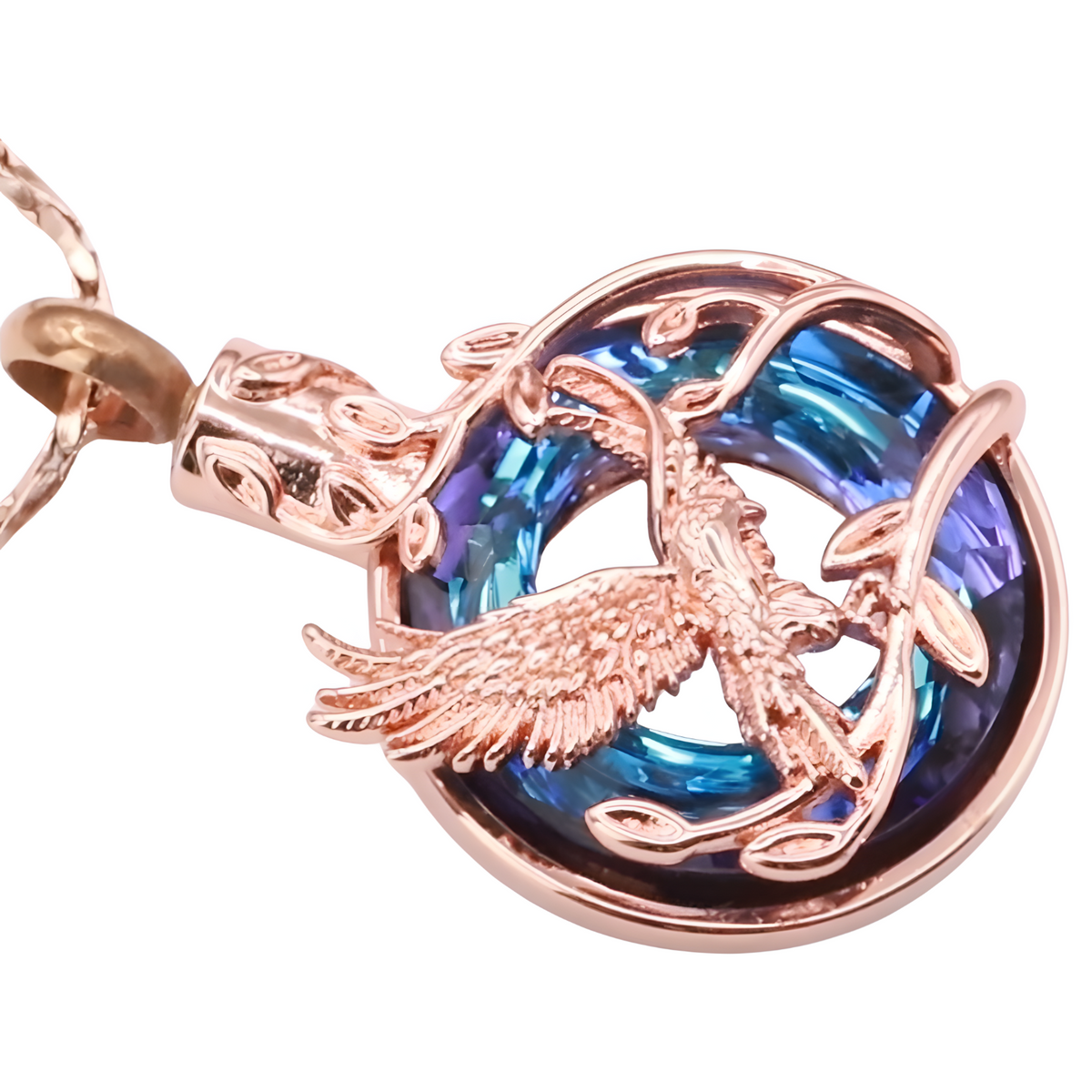Rose Gold Phoenix Urn Necklace for Ashes Blue Crystal Memorial Pendant B204
