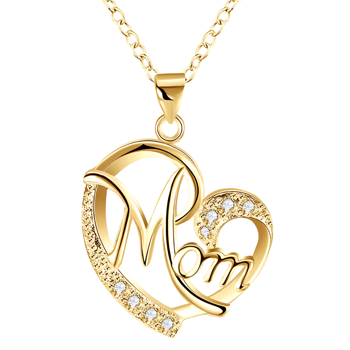 Mom Heart Pendant Necklace Gold Plated Link Chain Cubic Zirconia Romantic 1358