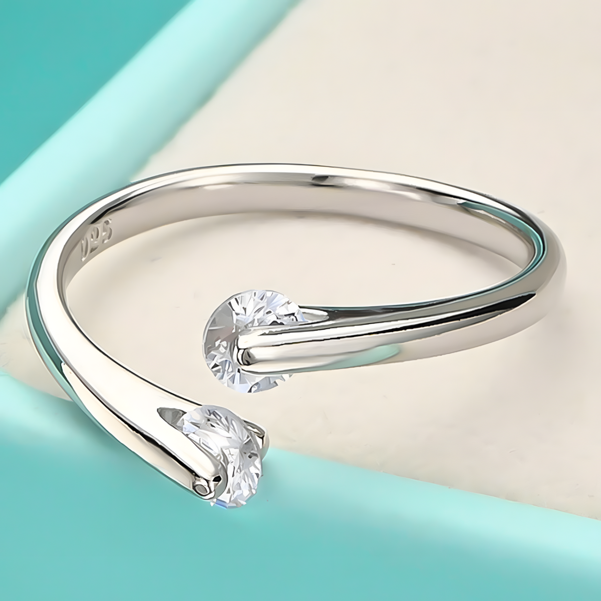 Open Cuff Ring For Women Silver Tone Bypass Design Clear Round Crystal 1765