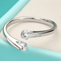 Open Cuff Ring For Women Silver Tone Bypass Design Clear Round Crystal 1765