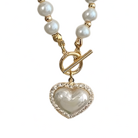 Pearl Heart Pendant Necklace Gold Tone Toggle Clasp Beaded Chain Statement -1397