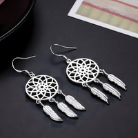 Silver Plated Alloy Dreamcatcher Drop Earrings for Women Feather Charm HooK 1414