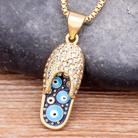 Enamel Slipper Pendant Necklace with Blue Evil Eye Design, Boho Gold-Tone B160
