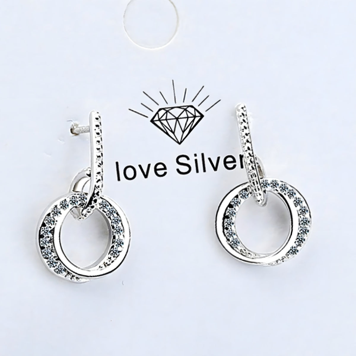 Sterling Silver Double Circle Drop Earrings with Rhinestone Accents Elegant 346