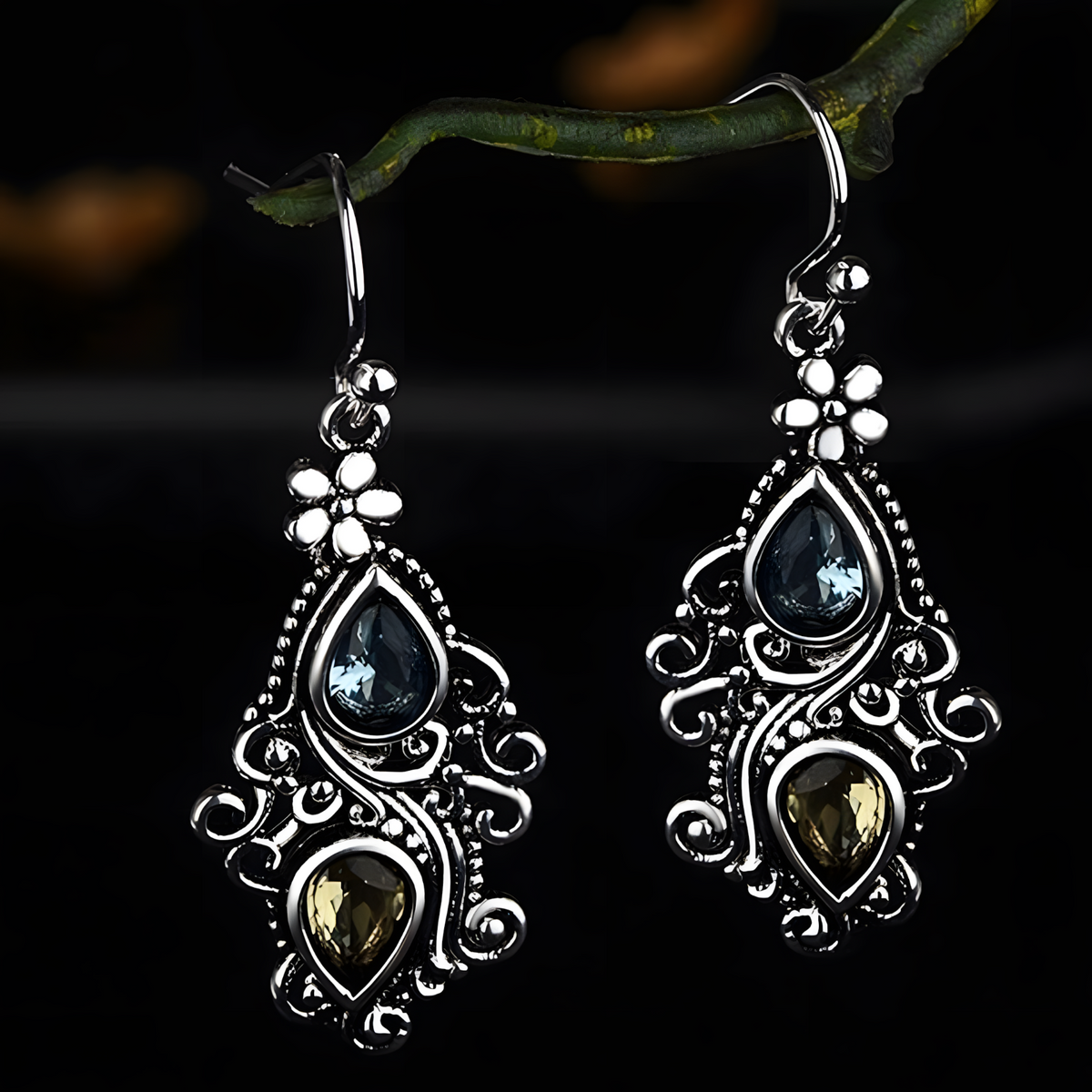 Vintage Floral Drop Earrings Women – Dual Teardrop Gemstone Dangle Earrings 548