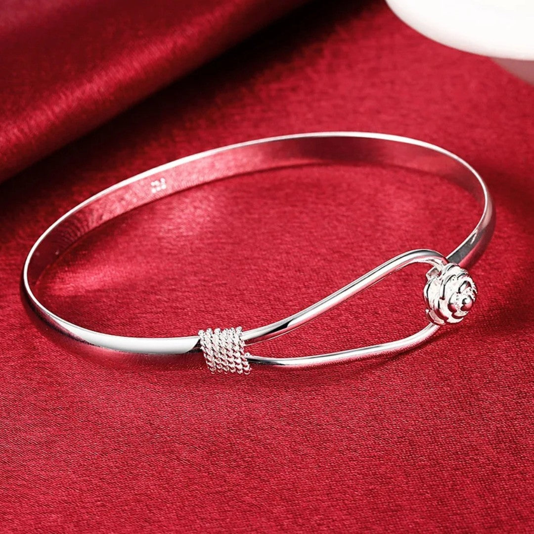 Women's Silver Bangle Bracelet with Rose Flower & Twist Knot Detail 418