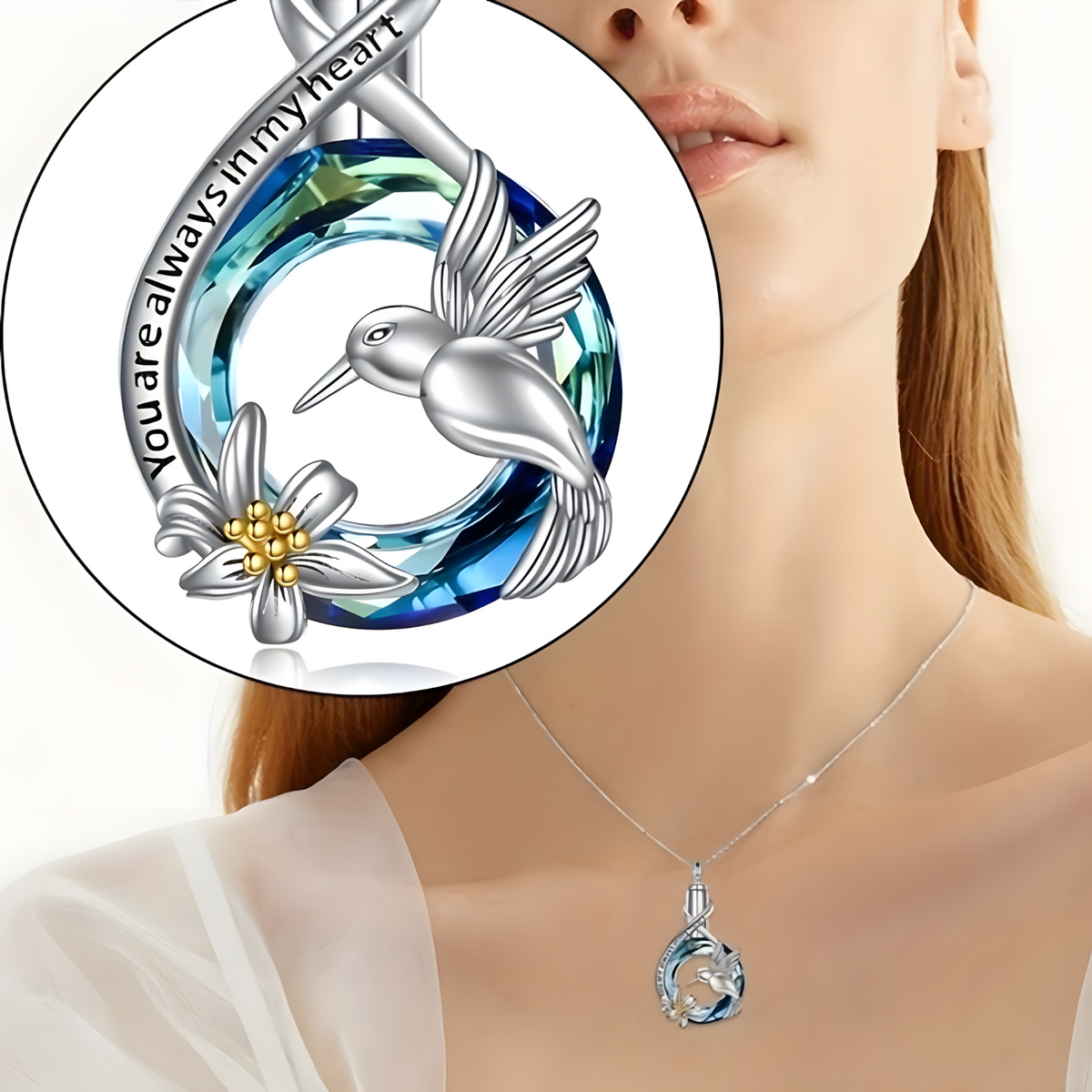 Hummingbird Memorial Ash Necklace,Silver Plated Stainless Steel Urn Pendant B258