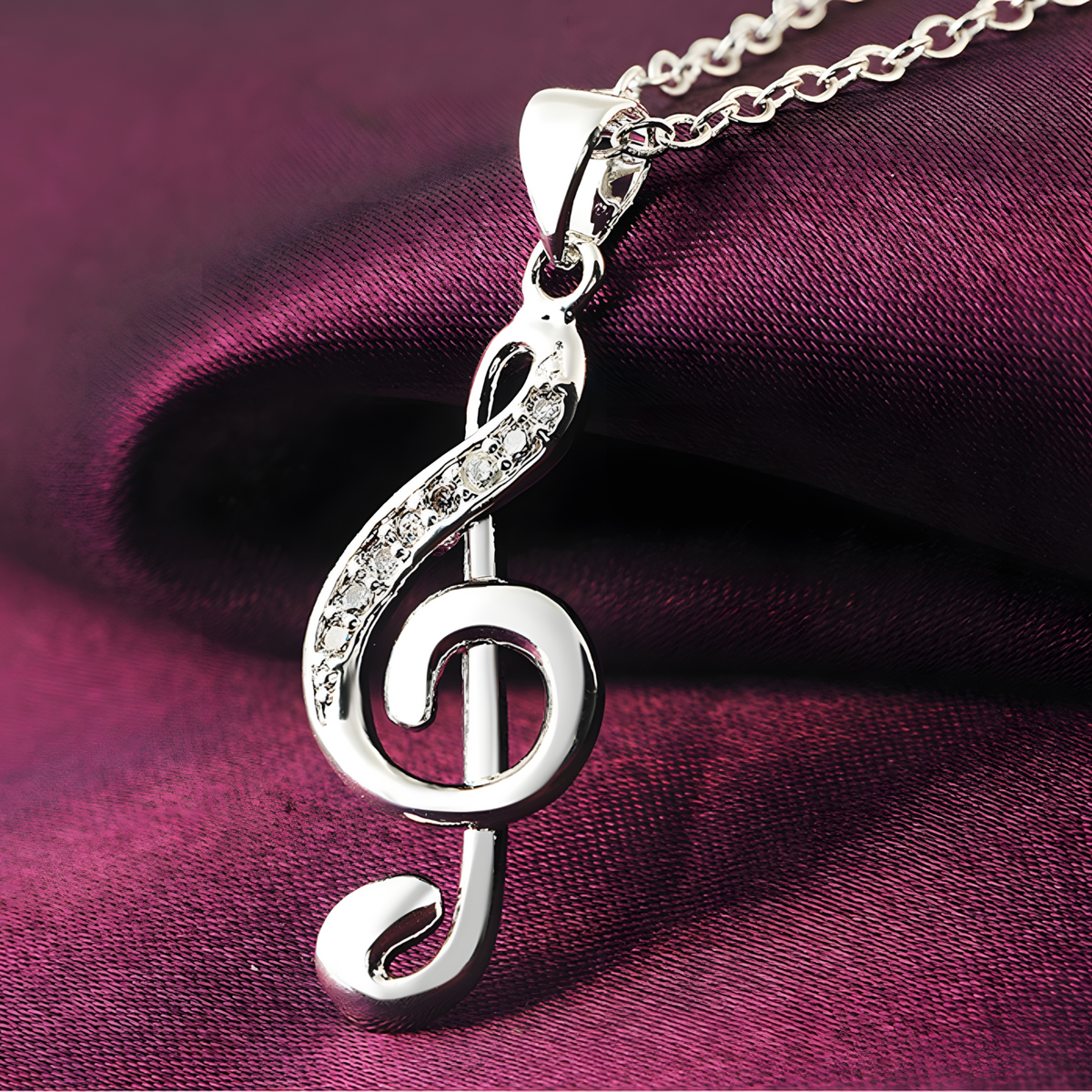 Silver Plated Alloy Musical Note Pendant Necklace Women Crystal-Accented 1415