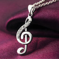 Silver Plated Alloy Musical Note Pendant Necklace Women Crystal-Accented 1415