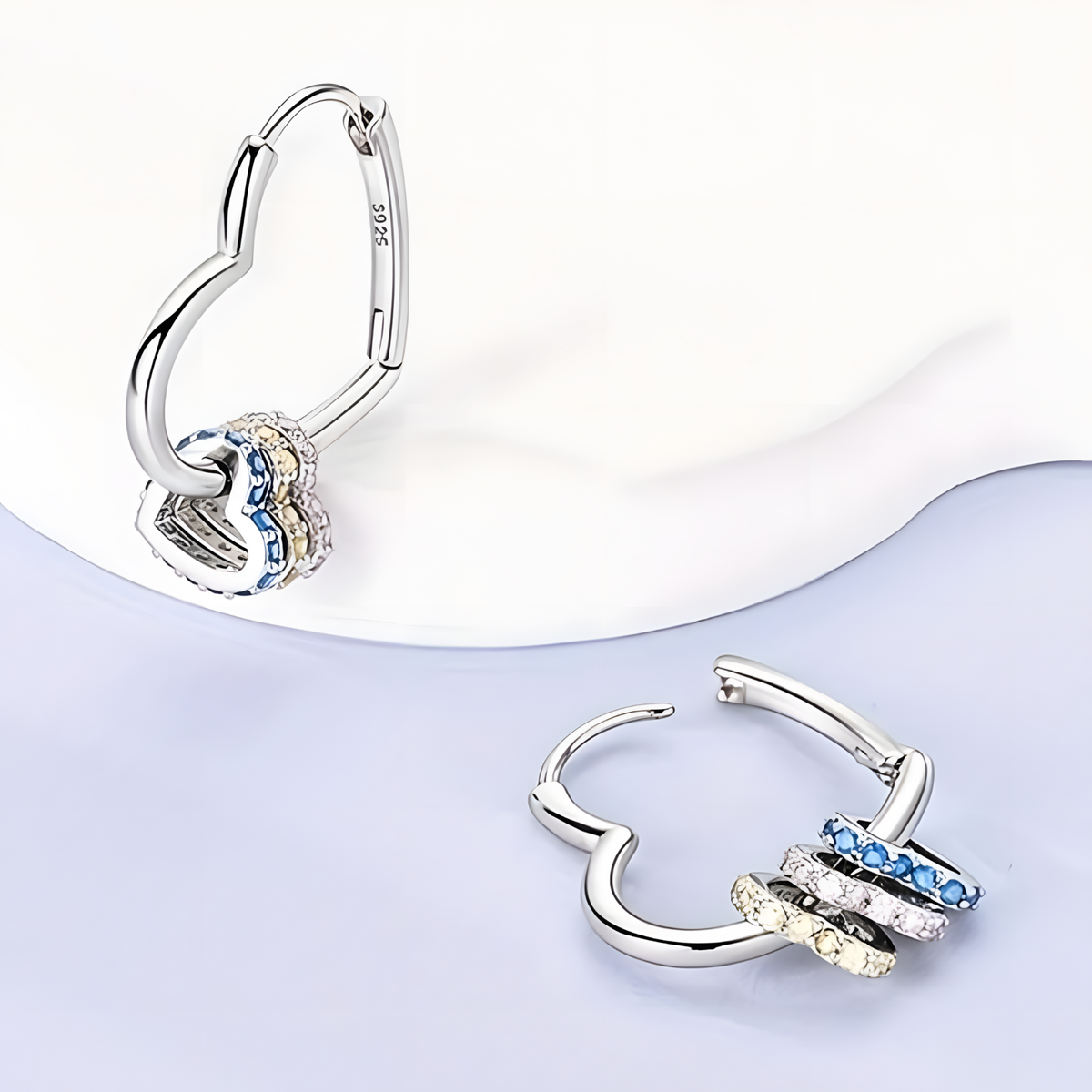 Sterling Silver Heart Earrings for Women – 925 Silver Plated Hoops with Blue 830