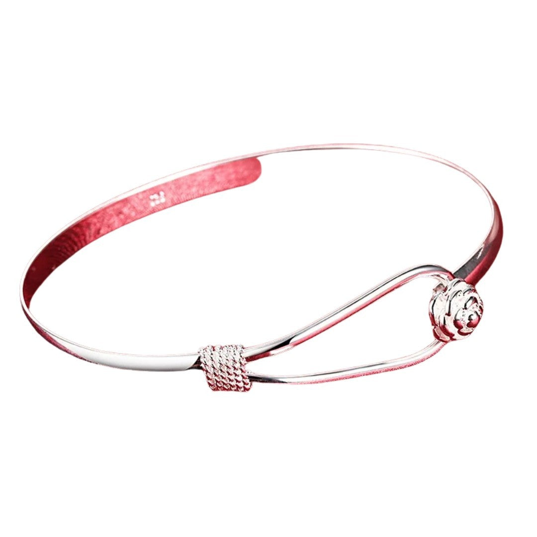 Women's Silver Bangle Bracelet with Rose Flower & Twist Knot Detail 418
