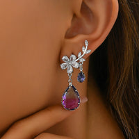 Statement Drop Earrings for Women Silver Plated, Purple & Clear CZ Crystals 294