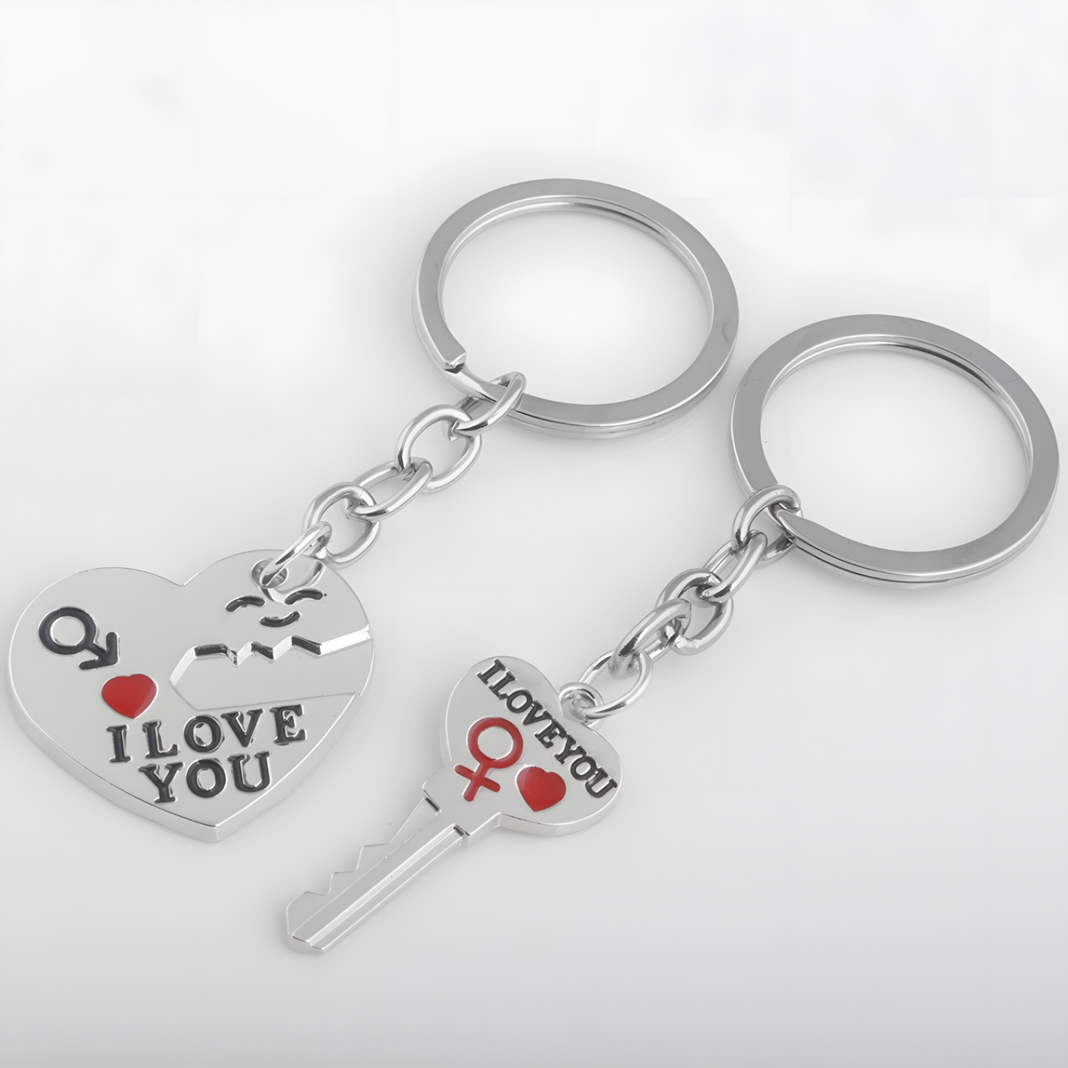 Silver Tone "I Love You" Heart & Key Couple Keychains Set Love Gift Pair Set B29