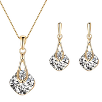 Inlaid Square Shape Crystal Jewelry Set With Pendant Necklace & Drop Earrings 94