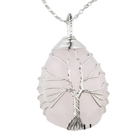 Silver Pink Crystal Tree Of Life Pendant Necklace For Women Oval Gemstone 1337