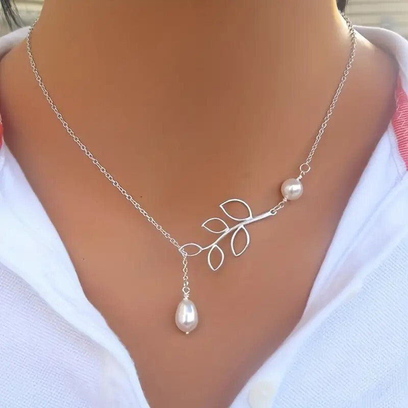 Faux Pearl Pendant Leaves Branch Decor Choker Necklace Charm Minimalist 95 UK