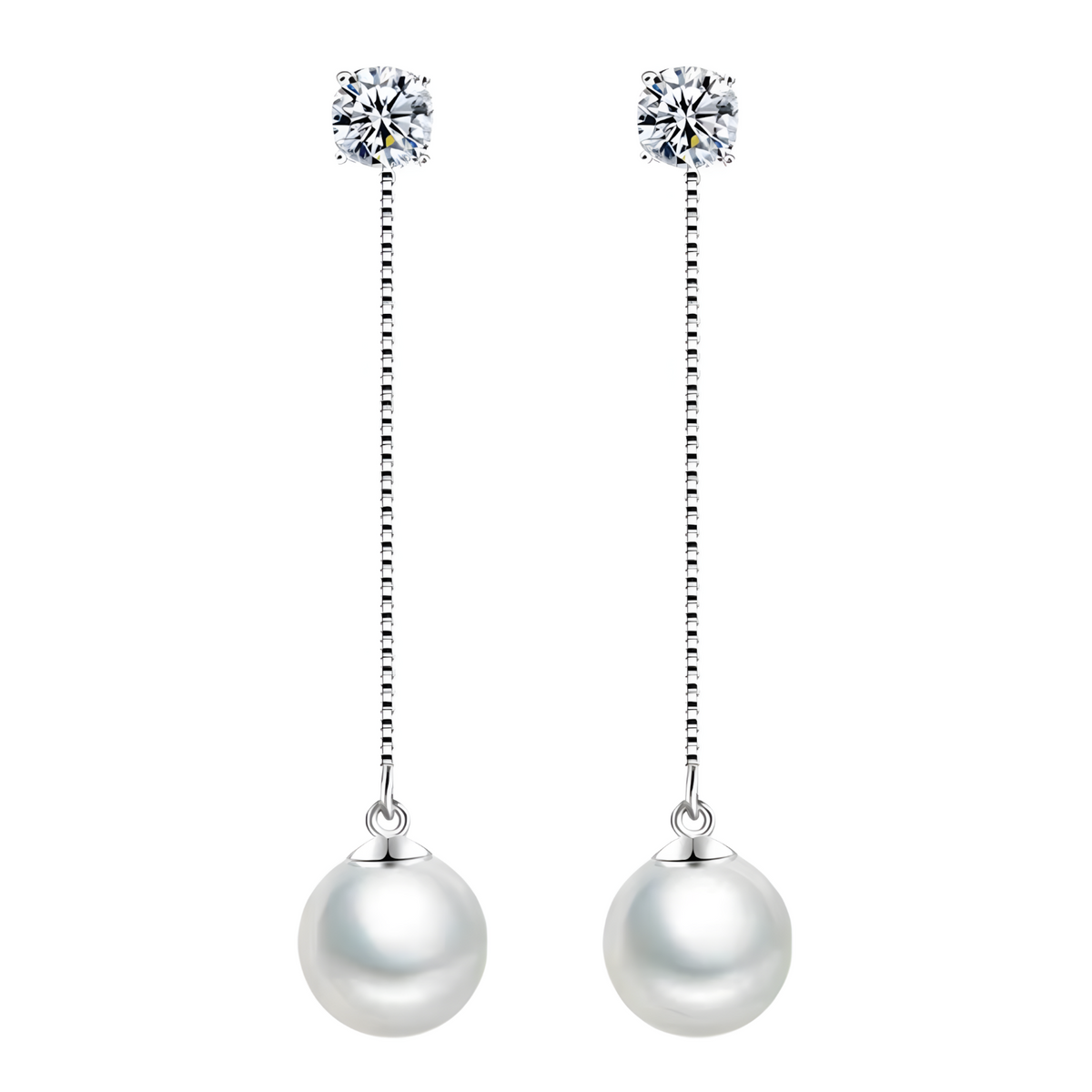 Silver-Plated Pearl Drop Earrings Women Long Chain Dangle Cubic Zirconia 922