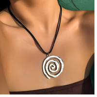 Spiral Pendant Necklace - Rhodium-Plated Base Metal Spiral Charm on Black 1492