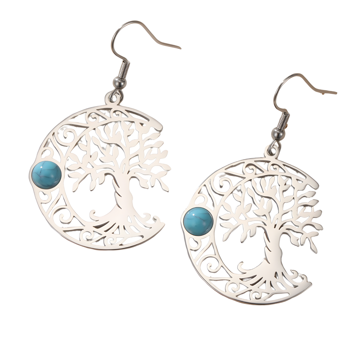 Filigree Tree of Life Dangle Earrings for Women, Crescent Moon Earrings B171