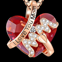 "I Love You Mom" Necklace -Red Crystal Heart Pendant Jewelry Gift for Mother B90