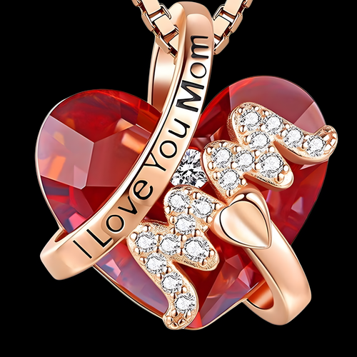 "I Love You Mom" Necklace -Red Crystal Heart Pendant Jewelry Gift for Mother B90