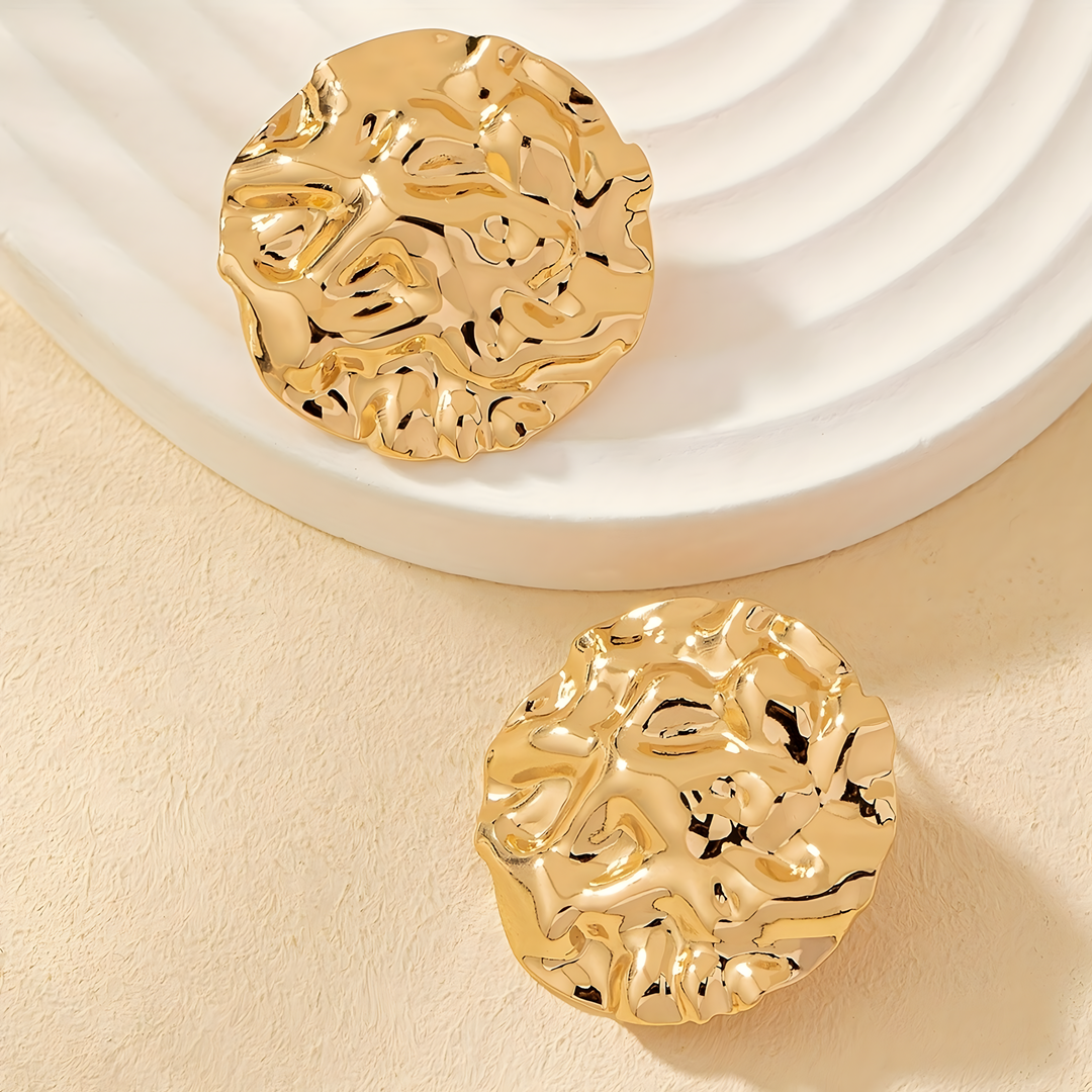 Molten Gold Textured Round Earrings Women – 3cm Classic Geometric Stud Style 774
