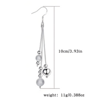 925 Sterling Silver Long Drop Earrings Women  10cm Trendy Round Ball Dangle 808